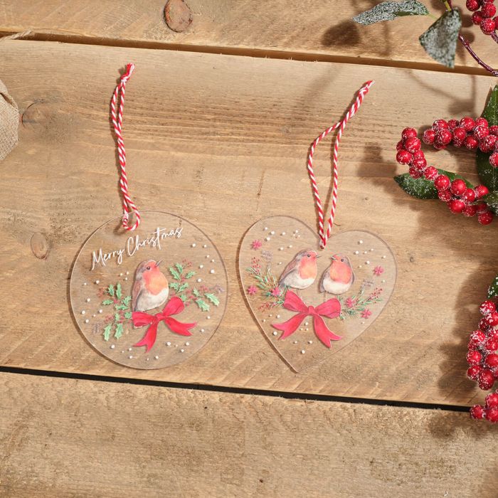 RL Robin With Bow Printed Acrylic Heart Hanger 2 asst