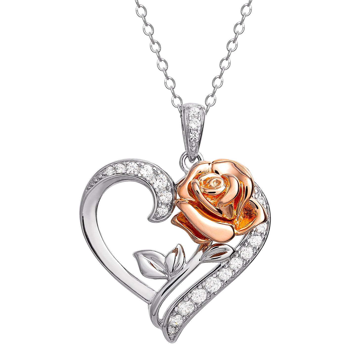 Tt Plt Rose On Heart Cz Pendant W/18' Chain SS925