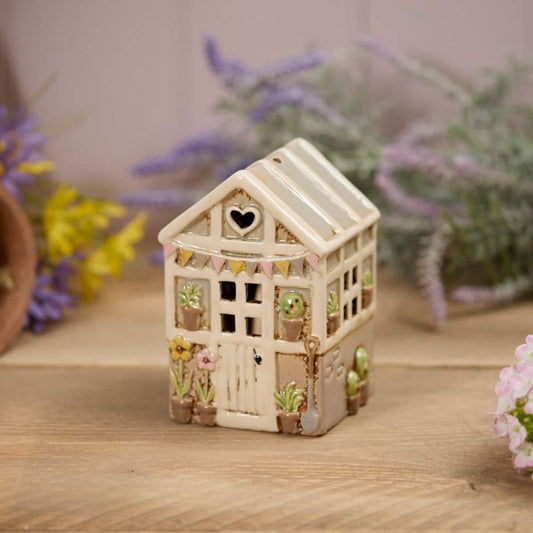 Stoneware Green House With Embossed Flowers Tea Light Holder