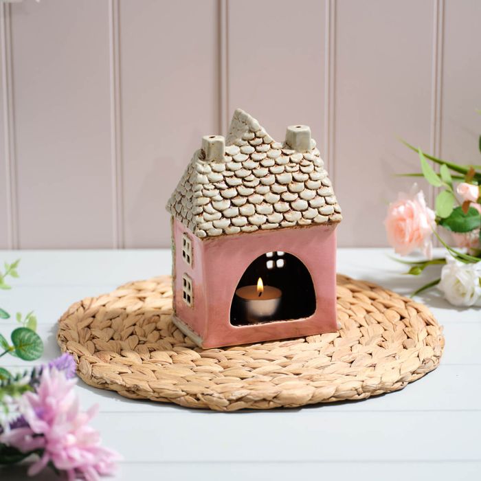 Cottage Garden Stoneware House Pink With Rose Garland Candle Holder