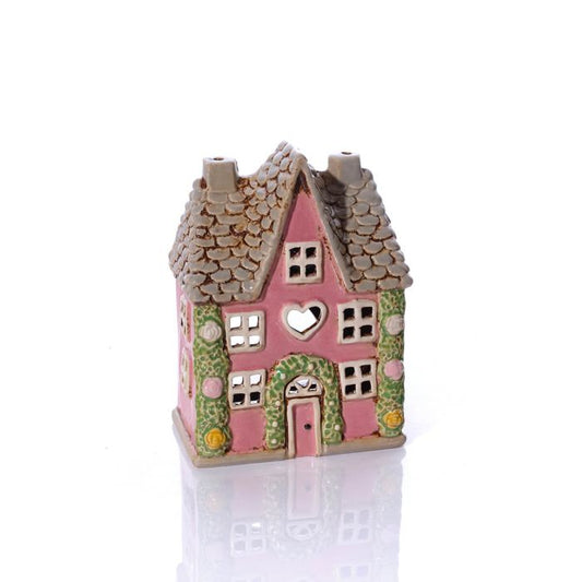 Cottage Garden Stoneware House Pink With Rose Garland Candle Holder