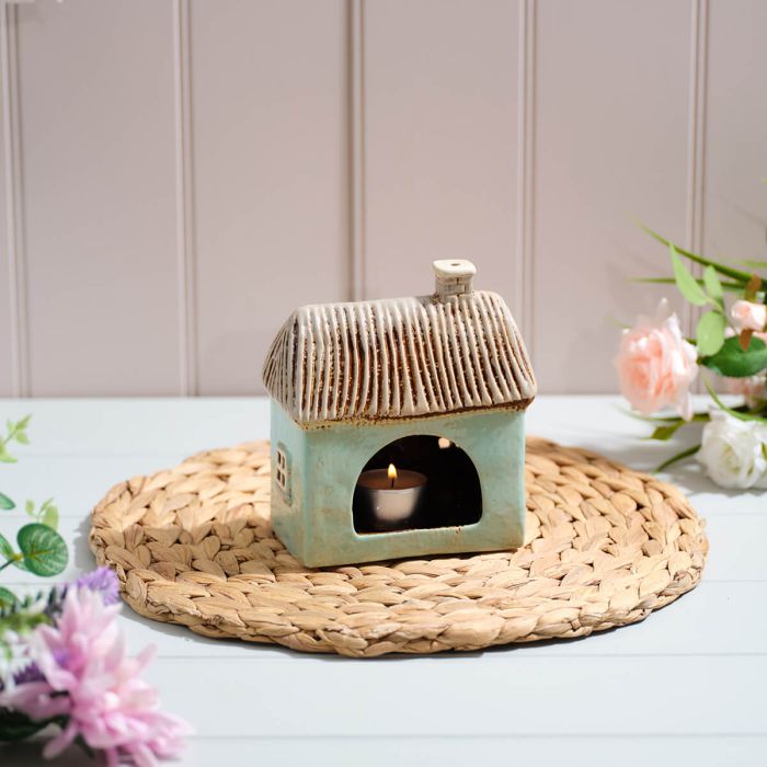 Cottage Garden Stoneware Blue House With Bunting Candle Holder