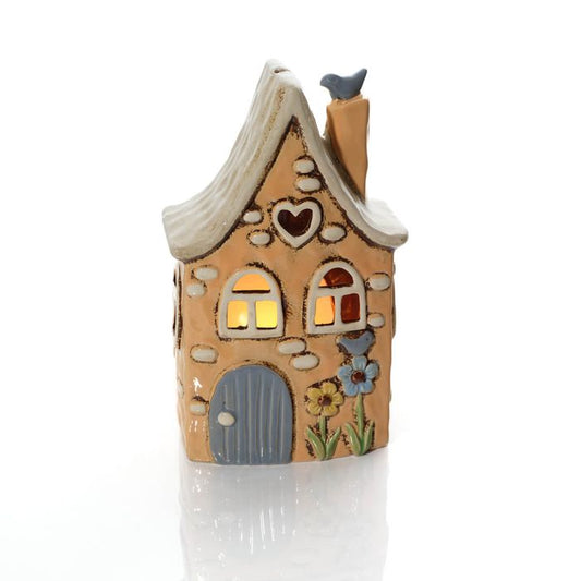Garden Birds Stoneware Ochre House With 3D Bird Candle Holder