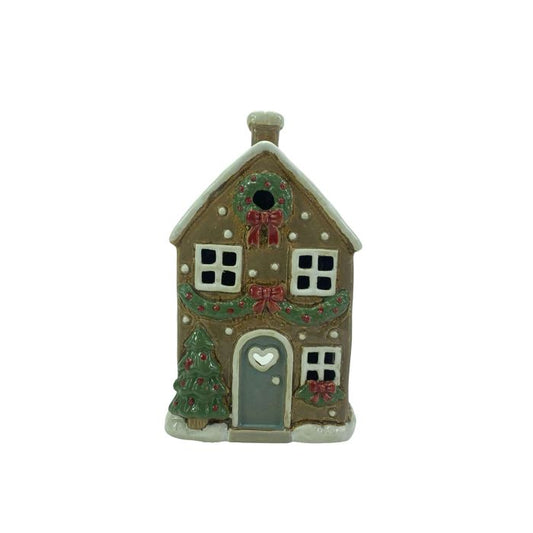RL Stoneware House With Wreath & Bows Candle Holder