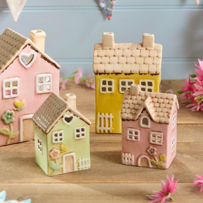 Ceramic Green House Small With Embossed Flower Painted Tea Light Holder