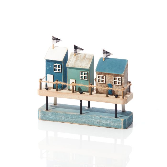 RL Triple House Ornament On Stilts Rustic Wood With Flags