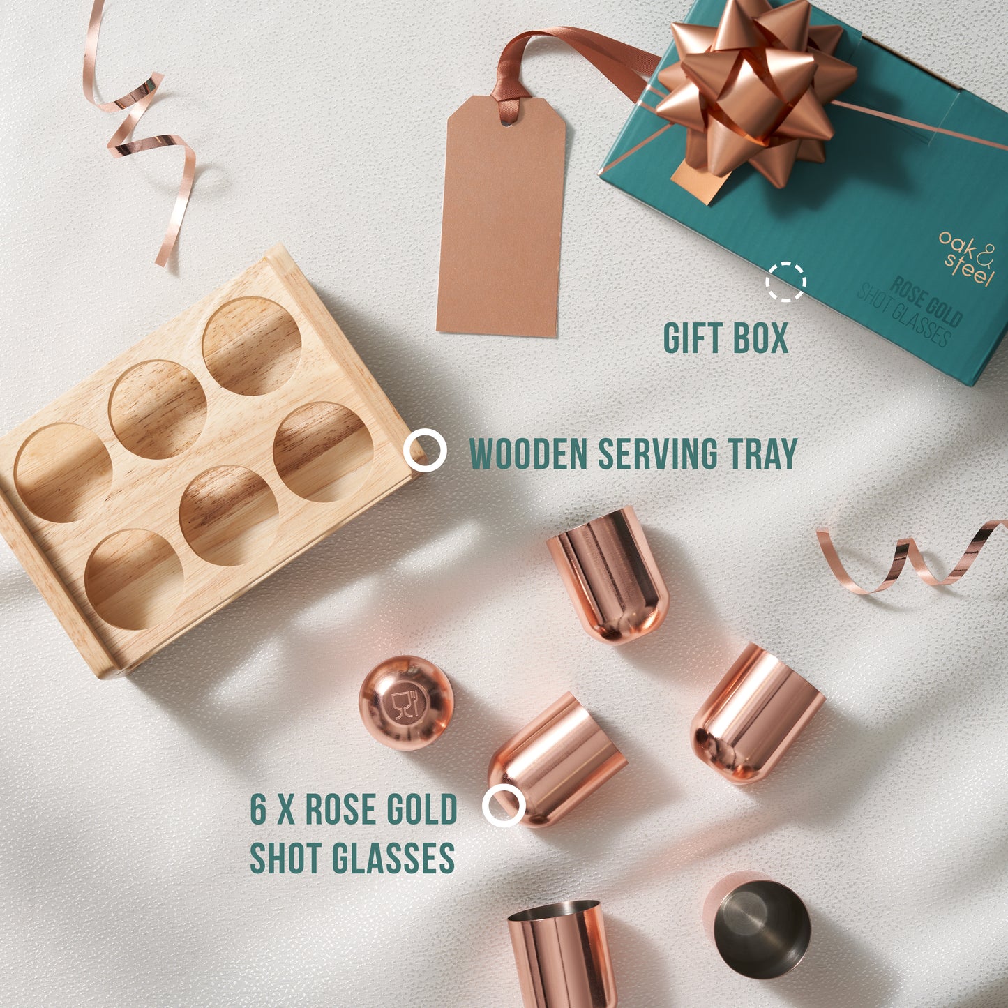 OS Rose Gold 6 Shot Glass Set on Tray