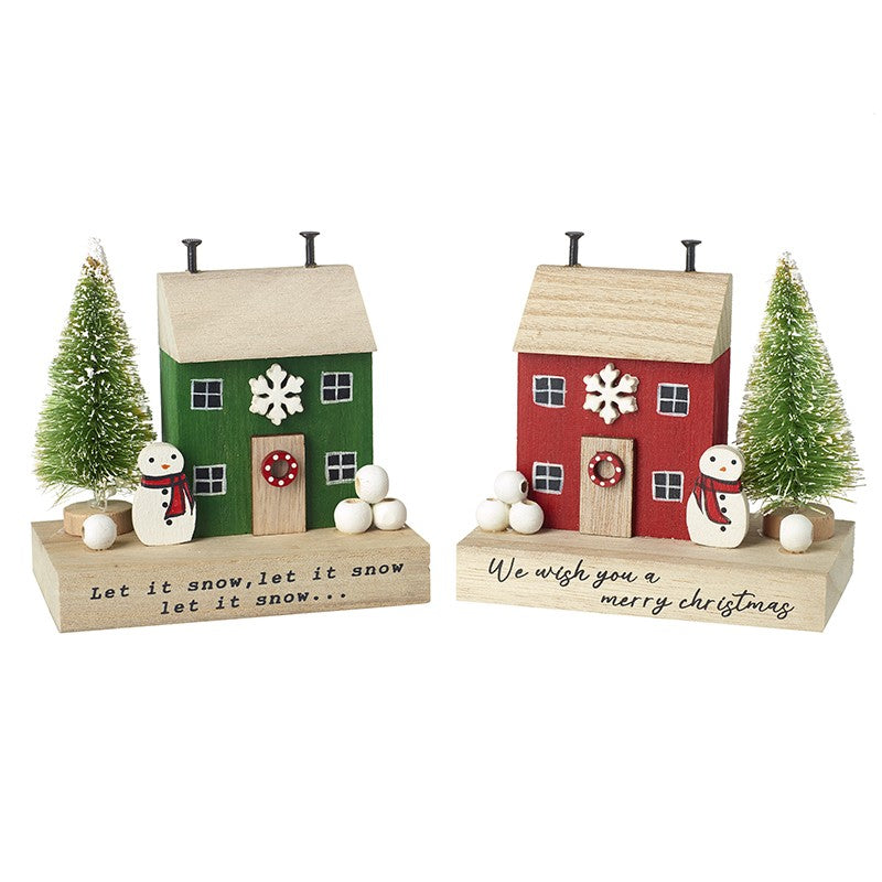 HS Wooden House With Tree & Snowman 2 asst
