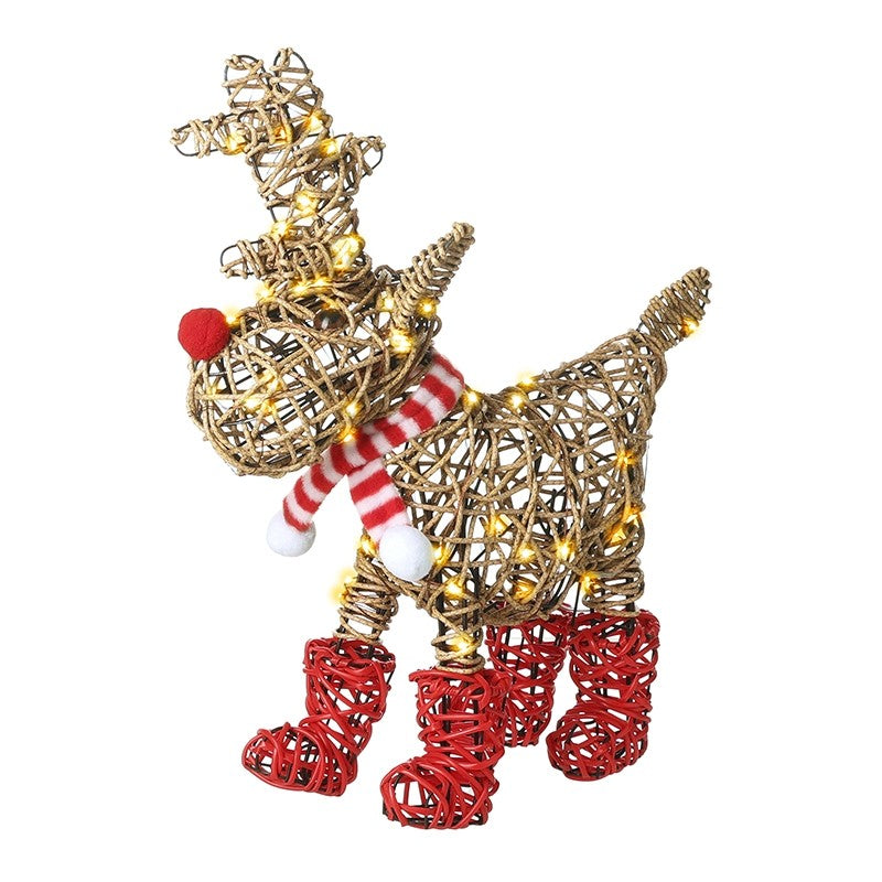 HS Red Boots Rattan Light Up Reindeer Small