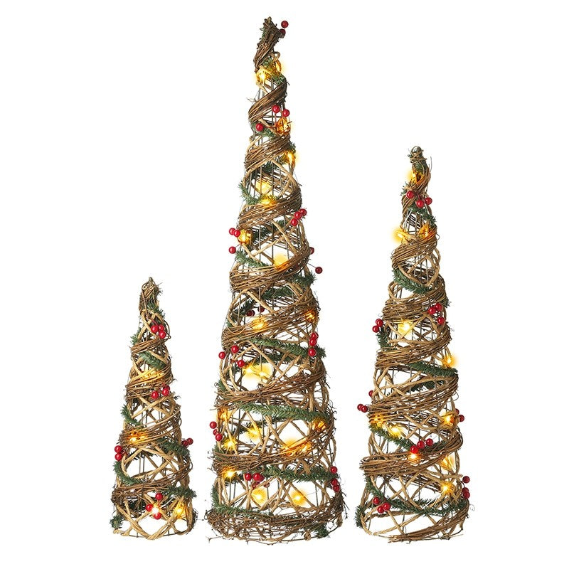 HS Light Up Rattan Cone Tree Set Of 3