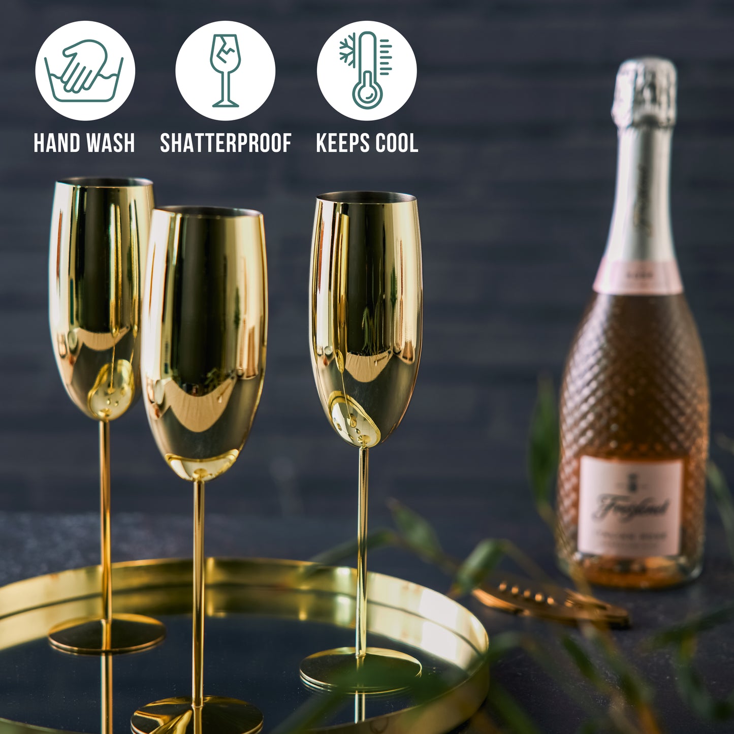 OS 4 Gold Champagne Flutes Stainless St