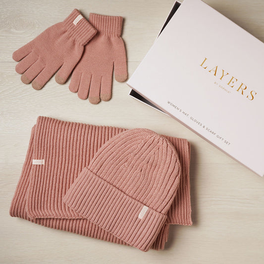 WDP Sophia Layers Cosy Knit Hat Glove & Scarf Gift Set - Blush Pink