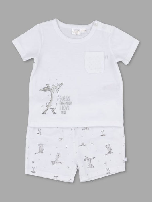 Children's white t-shirt and shorts set with printed design on a gray background