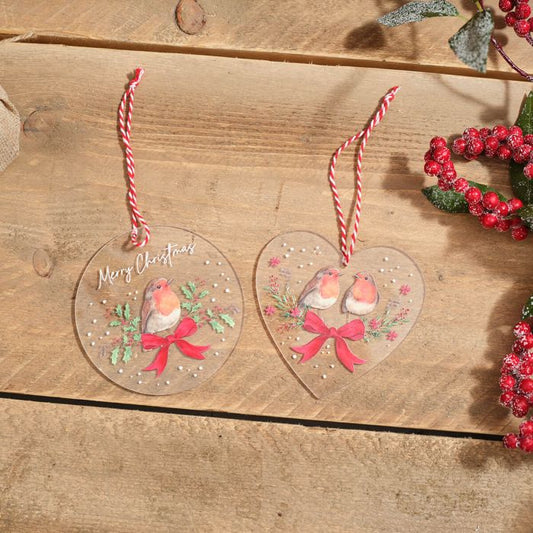 RL Robin With Bow Printed Acrylic Heart Hanger 2 asst