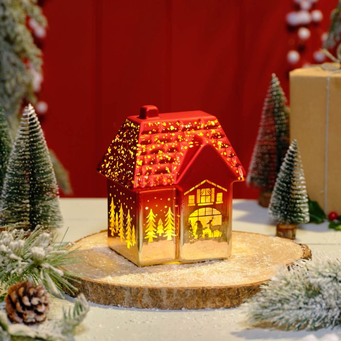 RL Christmas Red & White Effect Led House With Cut Out Trees