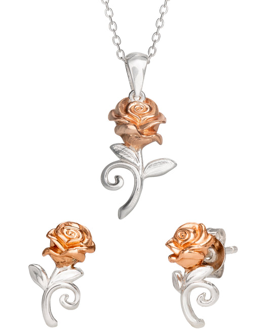 Tt Plt 15'+2' Ext Beauty And The Beast Pendant & Earring Set SS925
