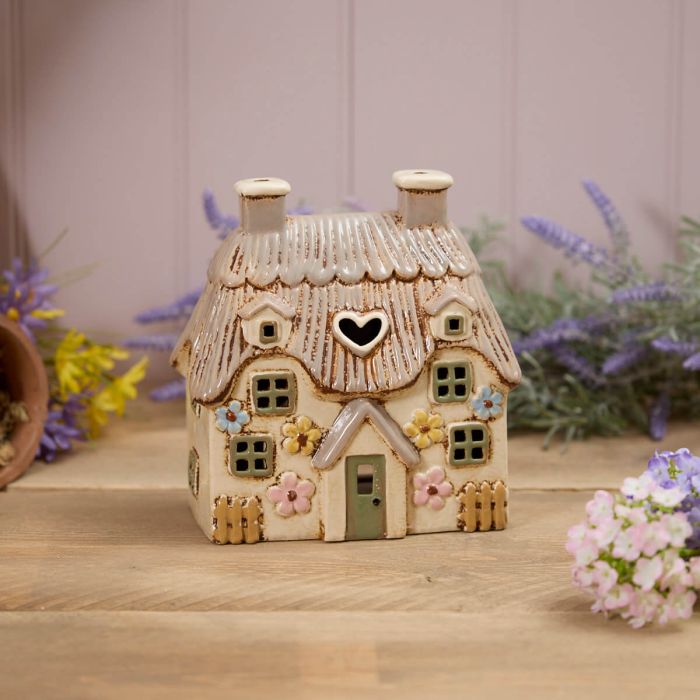Stoneware Large Thatched Cottage Green Door Tea Light Holder