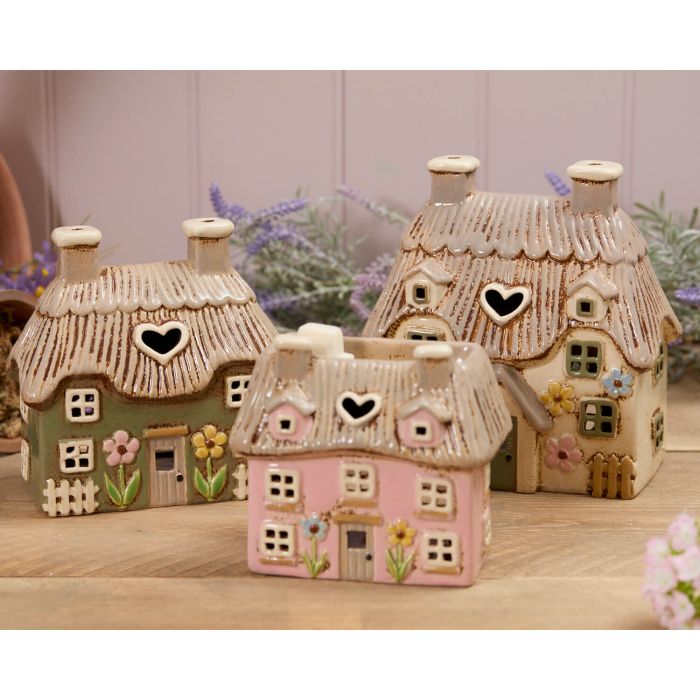 Stoneware Large Thatched Cottage Green Door Tea Light Holder