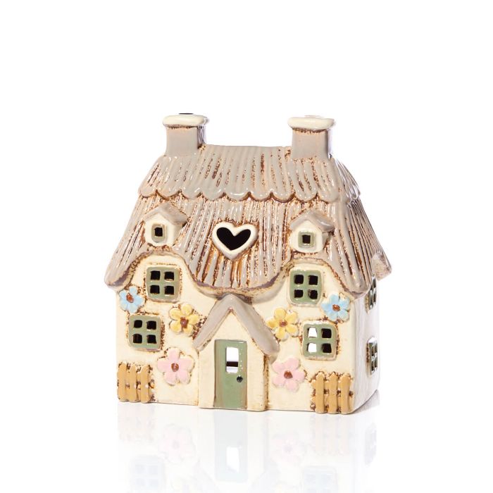 Stoneware Large Thatched Cottage Green Door Tea Light Holder