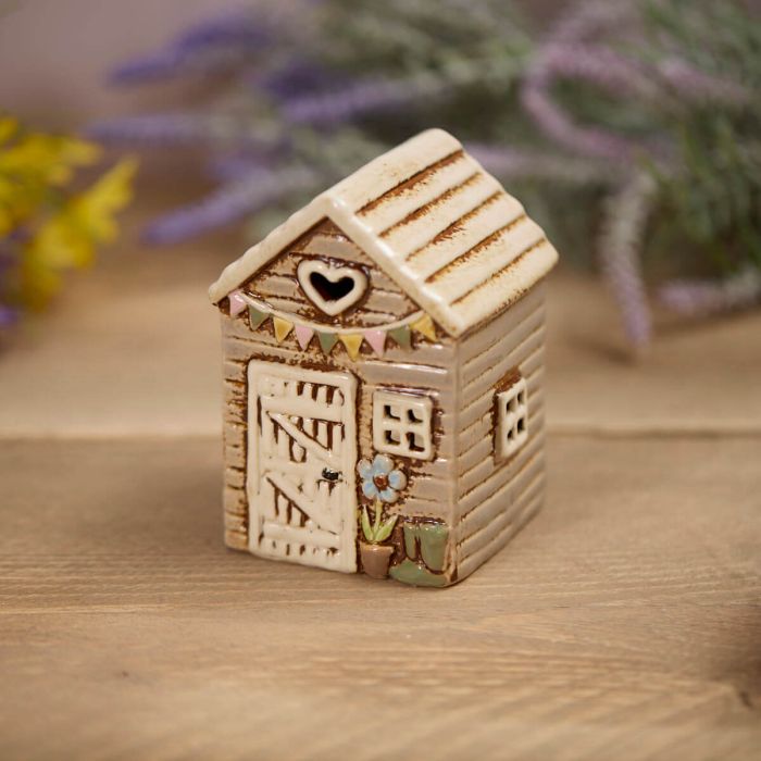 Stoneware Garden Shed With Embossed Blue Flower Tea Light Holder