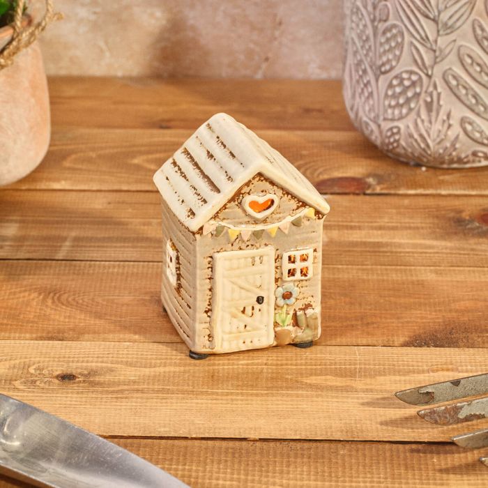 Stoneware Garden Shed With Embossed Blue Flower Tea Light Holder