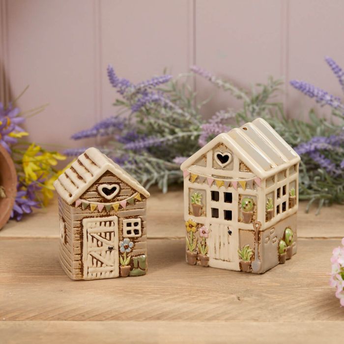 Stoneware Garden Shed With Embossed Blue Flower Tea Light Holder