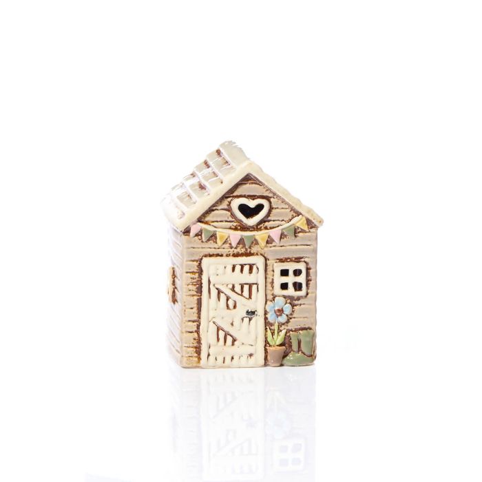 Stoneware Garden Shed With Embossed Blue Flower Tea Light Holder
