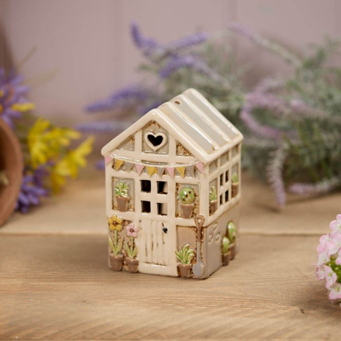 Stoneware Green House With Embossed Flowers Tea Light Holder