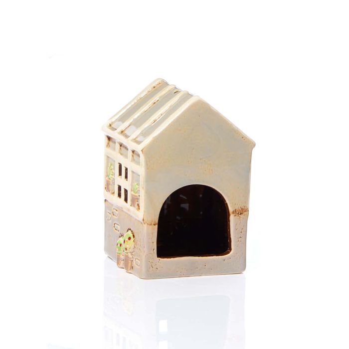 Stoneware Green House With Embossed Flowers Tea Light Holder