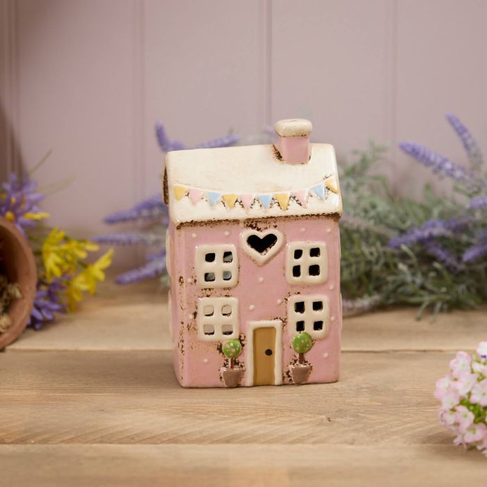 Stoneware Pink House With Embossed Bunting Tea Light Holder
