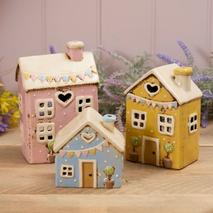 Stoneware Pink House With Embossed Bunting Tea Light Holder