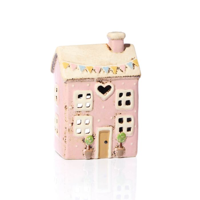 Stoneware Pink House With Embossed Bunting Tea Light Holder