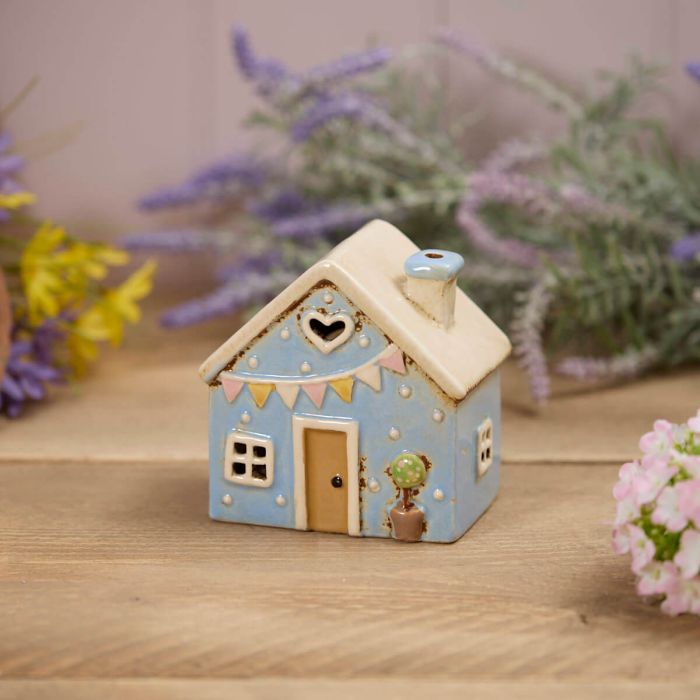 Stoneware Blue House With Embossed Bunting Tea Light Holder