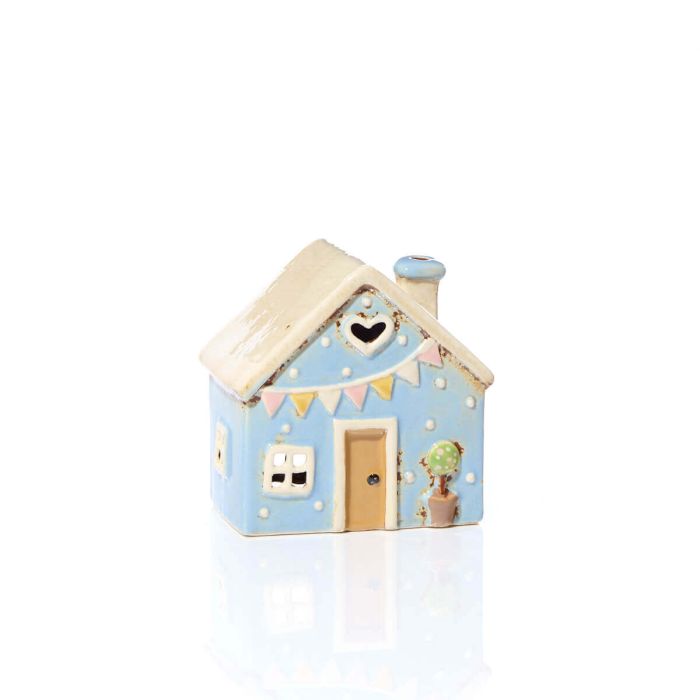 Stoneware Blue House With Embossed Bunting Tea Light Holder