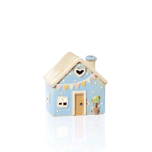 Stoneware Blue House With Embossed Bunting Tea Light Holder
