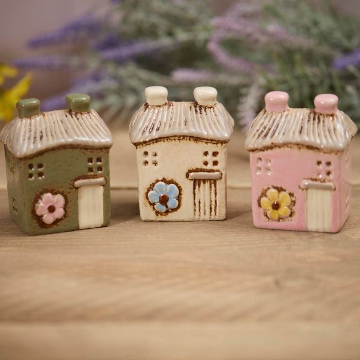 Stoneware Small House With Embossed Flower Ornament 3 asst