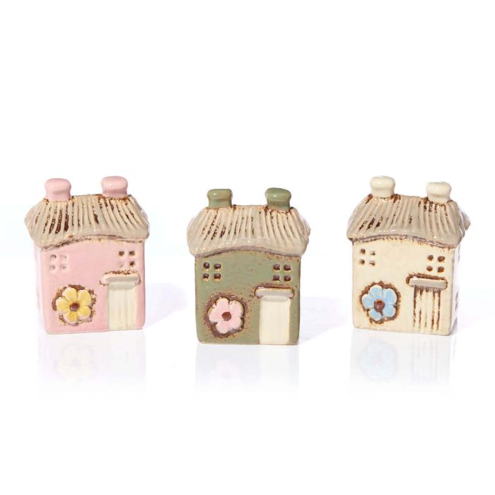 Stoneware Small House With Embossed Flower Ornament 3 asst