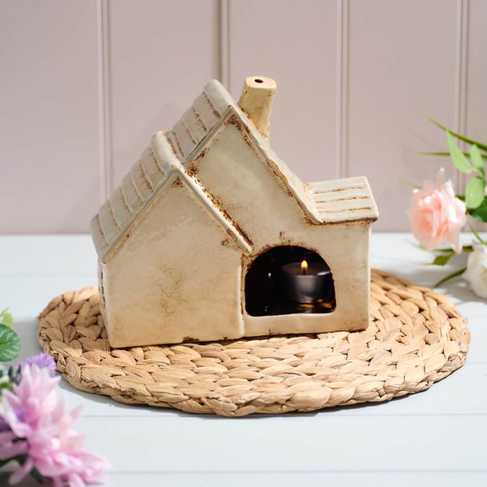 Cottage Garden Stoneware House With Chimney Candle Holder