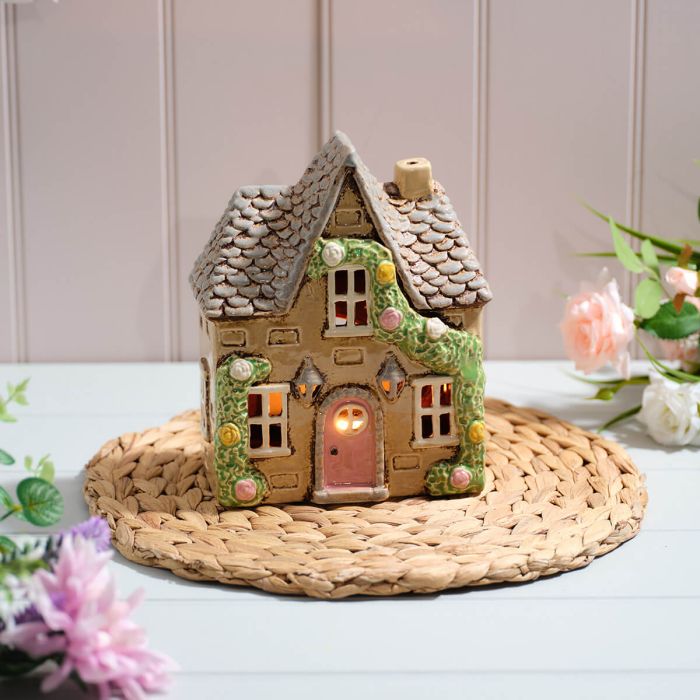 Cottage Garden Stoneware House With Rose Garland Candle Holder