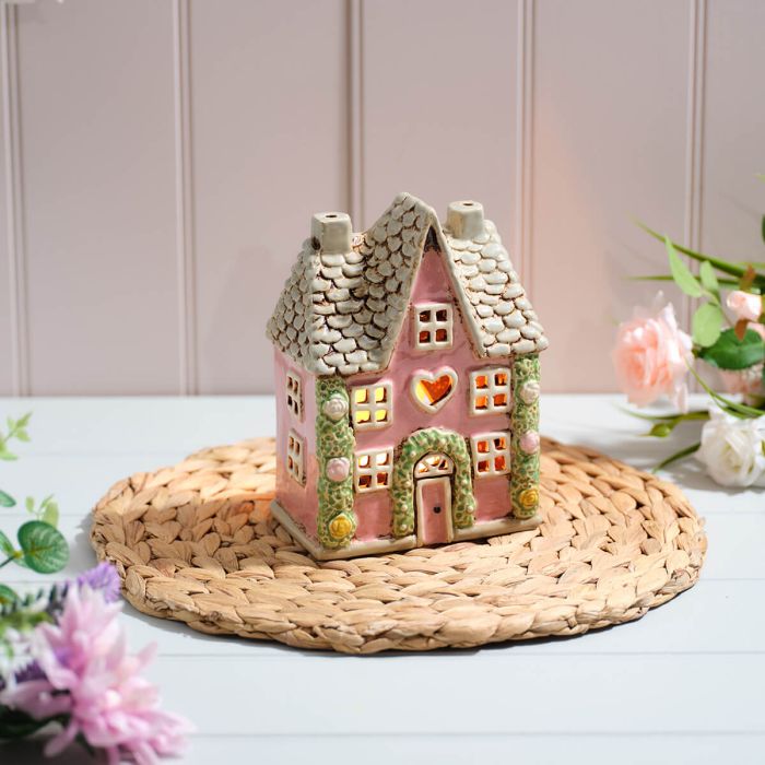 Cottage Garden Stoneware House Pink With Rose Garland Candle Holder