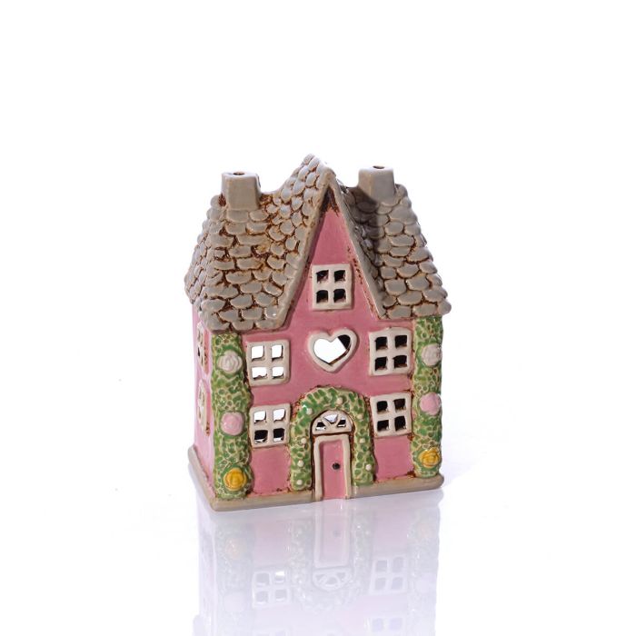 Cottage Garden Stoneware House Pink With Rose Garland Candle Holder