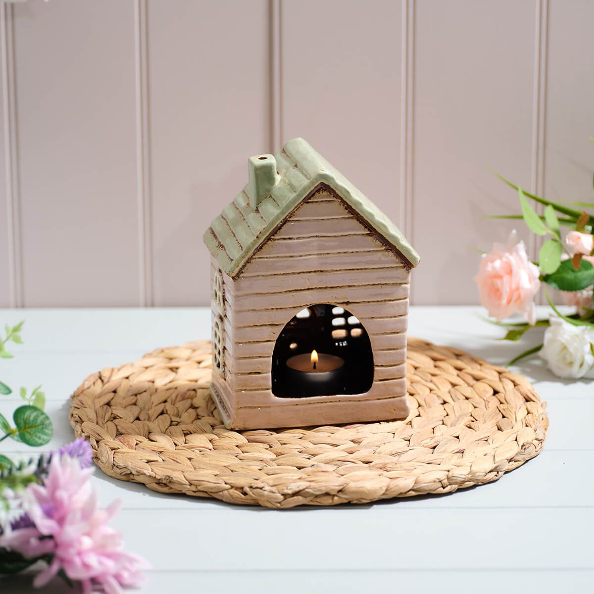 Cottage Garden Stoneware House With Bunting Candle Holder
