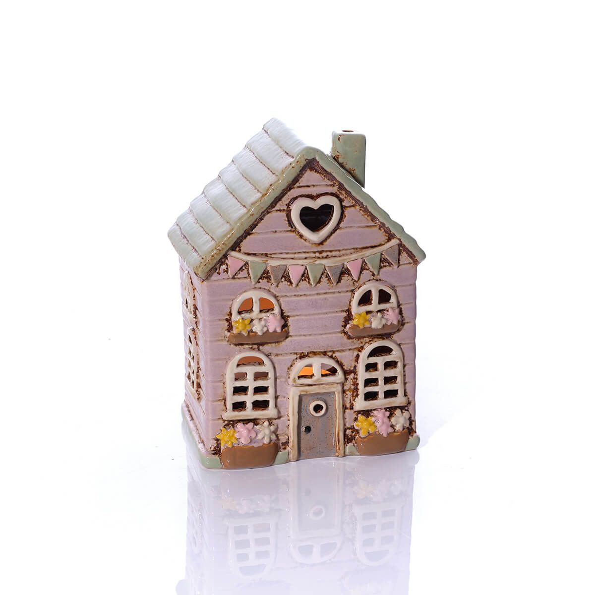 Cottage Garden Stoneware House With Bunting Candle Holder