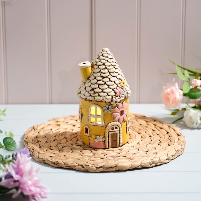 Cottage Garden Stoneware Fairy Style Round House Candle Holder