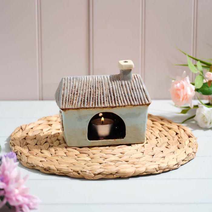 Cottage Garden Stoneware Blue House With Mushrooms Candle Holder