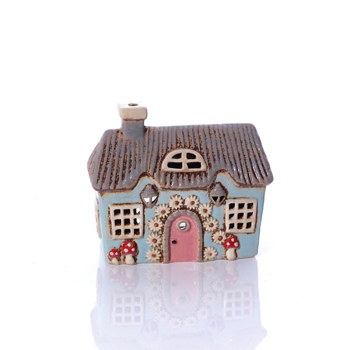 Cottage Garden Stoneware Blue House With Mushrooms Candle Holder