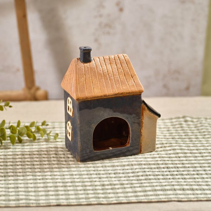 Flourish And Foliage Stoneware Dark Blue With Out House Candle Holder