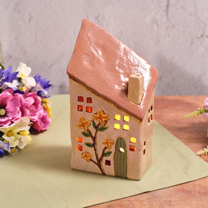 Floral Serenade Stoneware Sloped Roof House Candle Holder