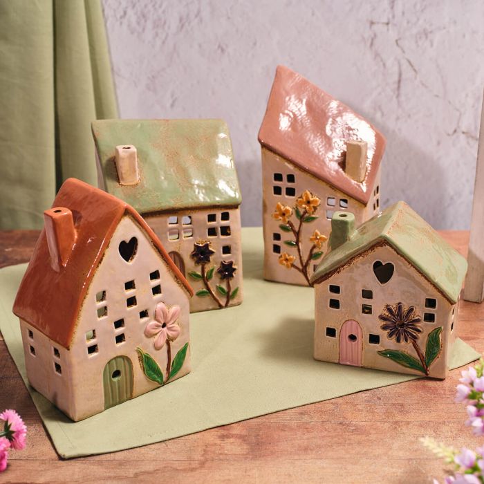 Floral Serenade Stoneware Sloped Roof House Candle Holder