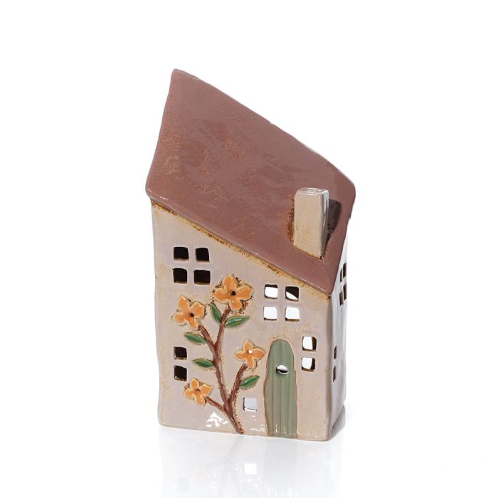 Floral Serenade Stoneware Sloped Roof House Candle Holder